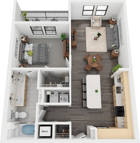 Floor plan for 1 bed, 1 bath, 881 sqft